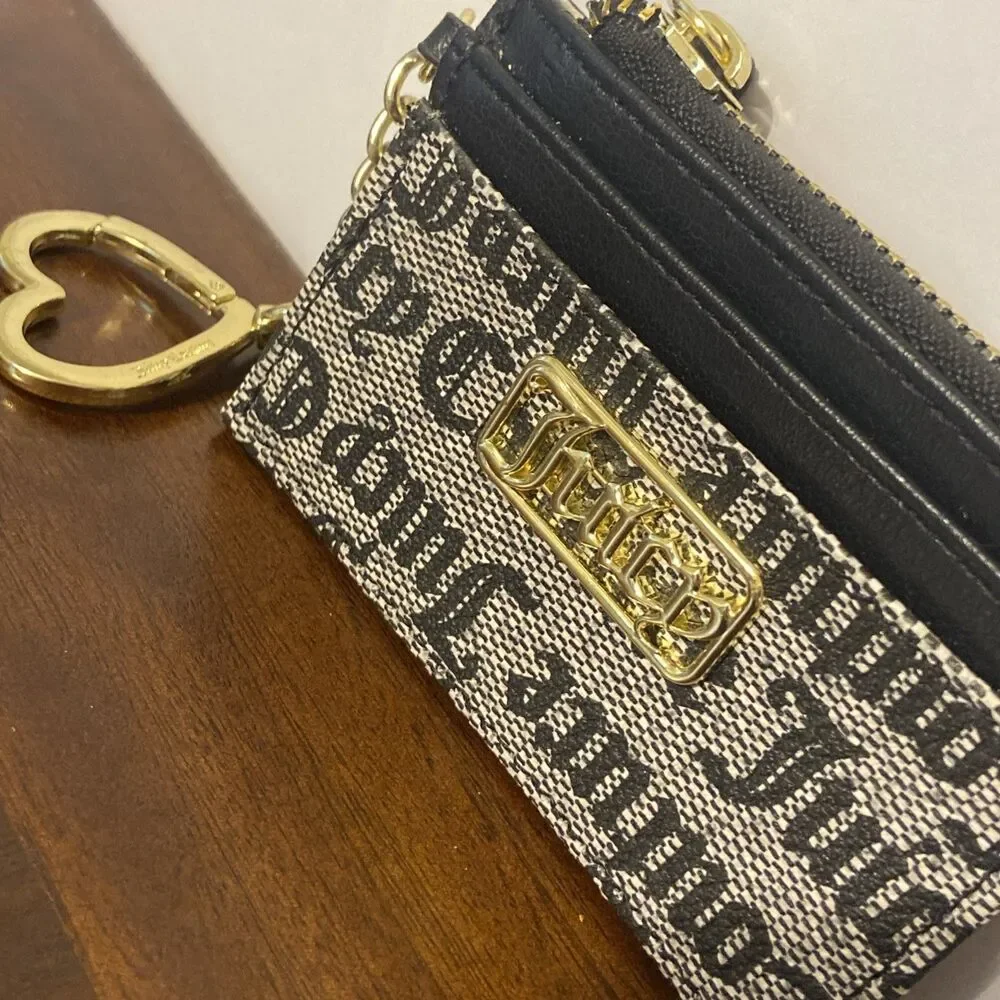 Juicy Couture Logo Heart Keychain Wallet Card Holder Black Gray EUC